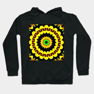 Yellow Floral pattern, seamless kaleidoscope. Circular Flower on black print Hoodie